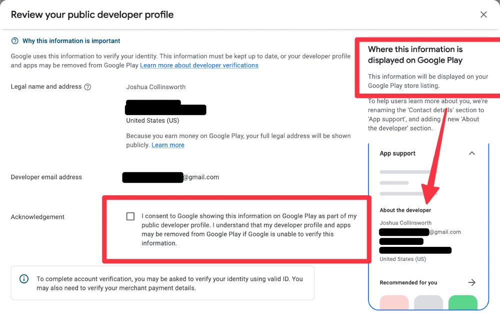 A form confirming that the mailing address and email I provide will be public, and shown on the Play Store for every app I publish, along with a required checkbox verifying I consent to Google showing this info, and that my apps may be taken down if the info cannot be verified.