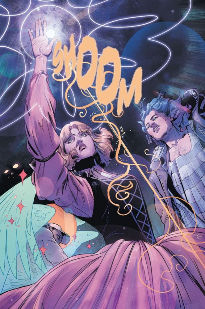 Heather After in a pink dress with a black corset. She is casting a spell with a "Shoom" sound effect. Ruin is in the background.