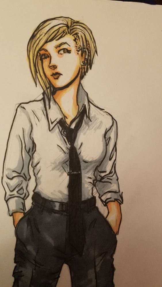 FFVII fanart of Elena in a button up shirt and tie with her hands in her slacks pockets, done in pen and marker.