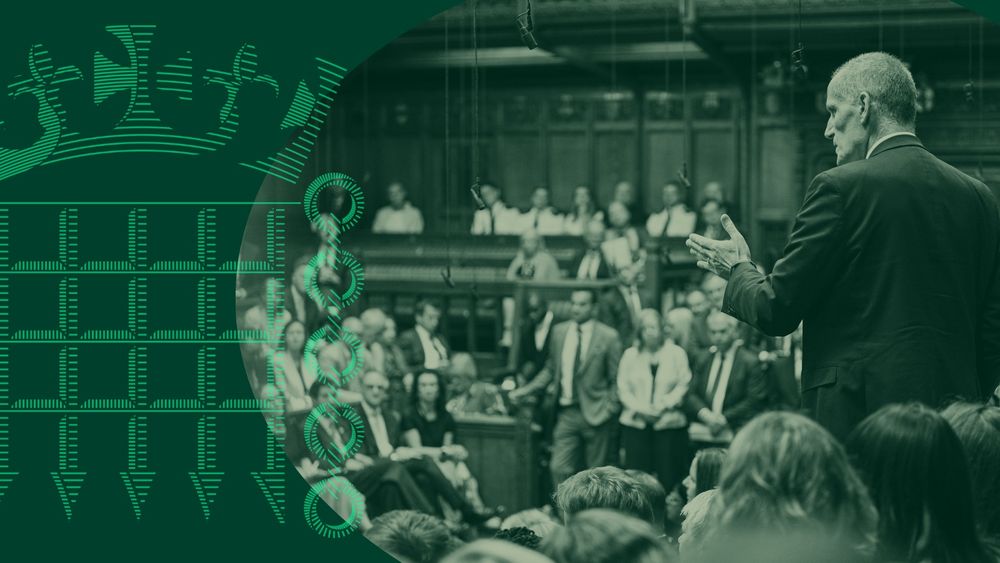 Green graphic with portcullis logo and green background. An image of the House of Commons Chamber is overlayed in a green and beige colourway 