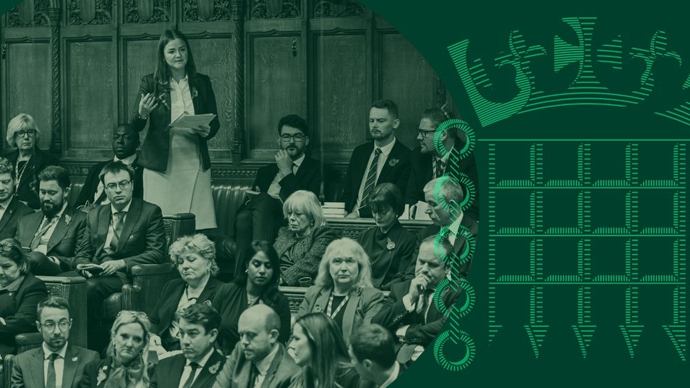 Green graphic with portcullis logo and green background. An image of the House of Commons Chamber is overlayed in a green and beige colourway 