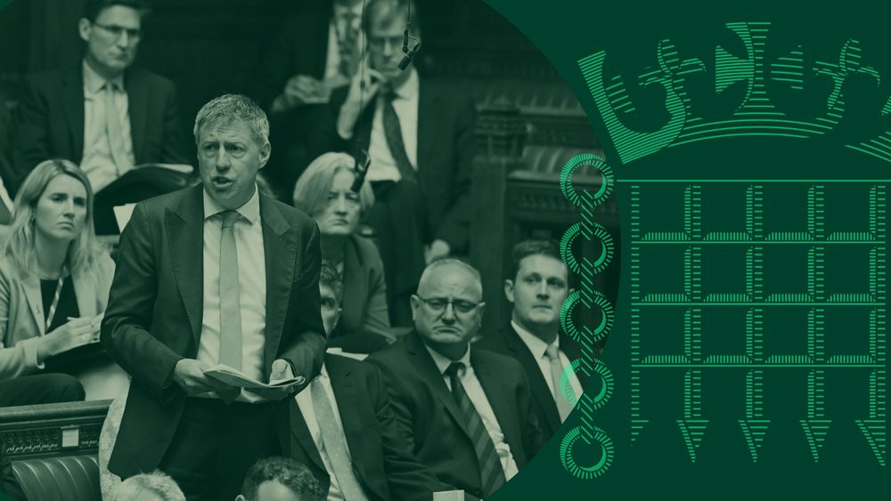 Green graphic with portcullis logo and green background. An image of the House of Commons Chamber is overlayed in a green and beige colourway 