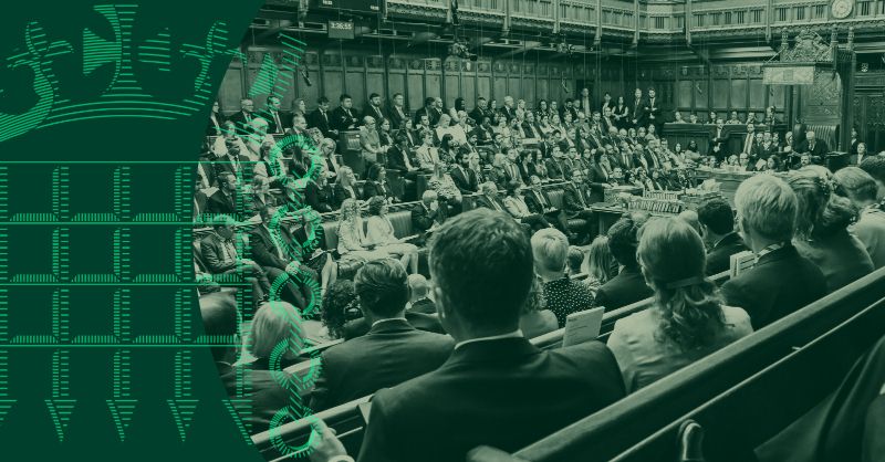 Green graphic with portcullis logo and green background. An image of the House of Commons Chamber is overlayed in a green and beige colourway 