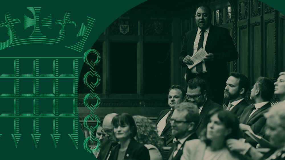 Green graphic with portcullis logo and green background. An image of the House of Commons Chamber is overlayed in a green and beige colourway 