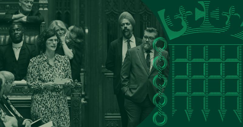 Green graphic with portcullis logo and green background. An image of the House of Commons Chamber is overlayed in a green and beige colourway 