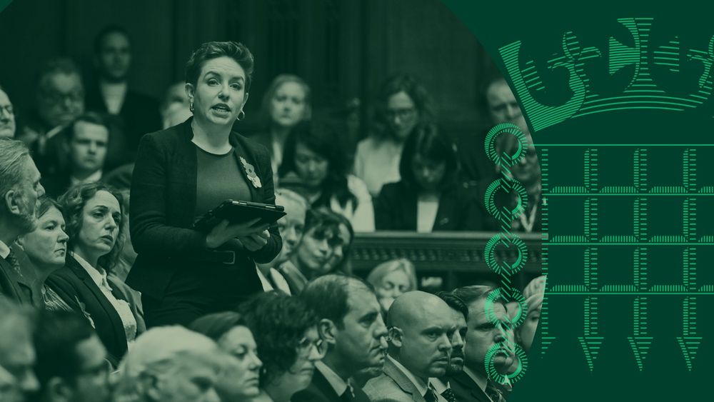 Green graphic with portcullis logo and green background. An image of the House of Commons Chamber is overlaid in a green and beige colourway 