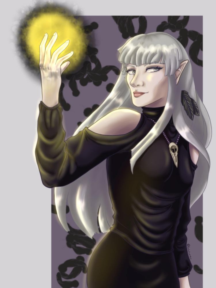 Lisette is standing with her right hand up, a magical glow of holy and necrotic energy surrounding her hand. She has her head tilted to the side, with her long silver-gray hair, short bangs, and a raven's feather affixed to her hair. She's wearing a black long sleeved turtleneck, with the shoulders cut out, exposing her shoulders. She has her holy symbol, a raven's skull, around her neck. There is a backdrop of raven feathers floating to the ground.