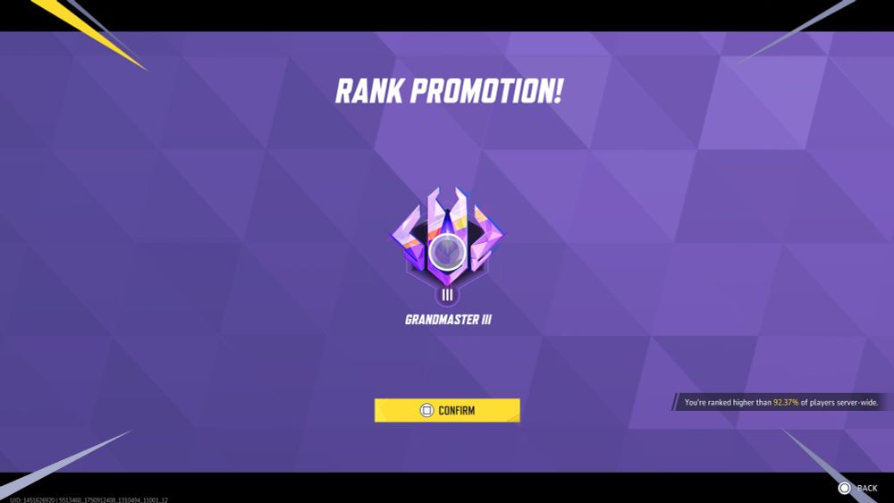 A screenshot from Marvel Rivals on PlayStation5. It's a purple background. It says:
Rank Promotion!
Grandmaster III
◻️Confirm
You're higher ranked than 92.37% of players server wide.