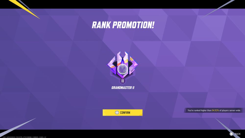 A screenshot from Marvel Rivals. It's a purple background, with mostly white and black typeface. It says:
Rank Promotion!
Grandmaster II
You're ranked higher than 94.92% of players server-wide.