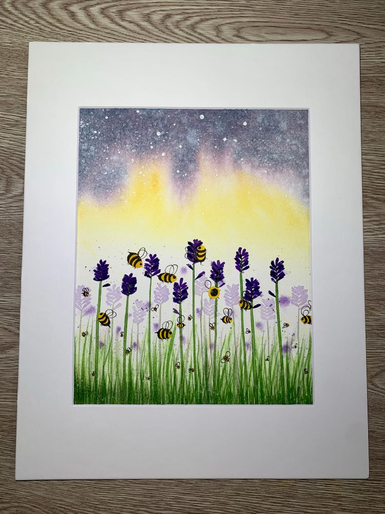 Watercolor painting of fat and happy bees collecting pollen from lavender just before sunset. One of the bees is flying away, with only her cute little bee but and wings visible. It feels calm, and it’s quiet with gentle buzzing  on the breeze. 

Untitled 
Watercolor mixed media 
8x10