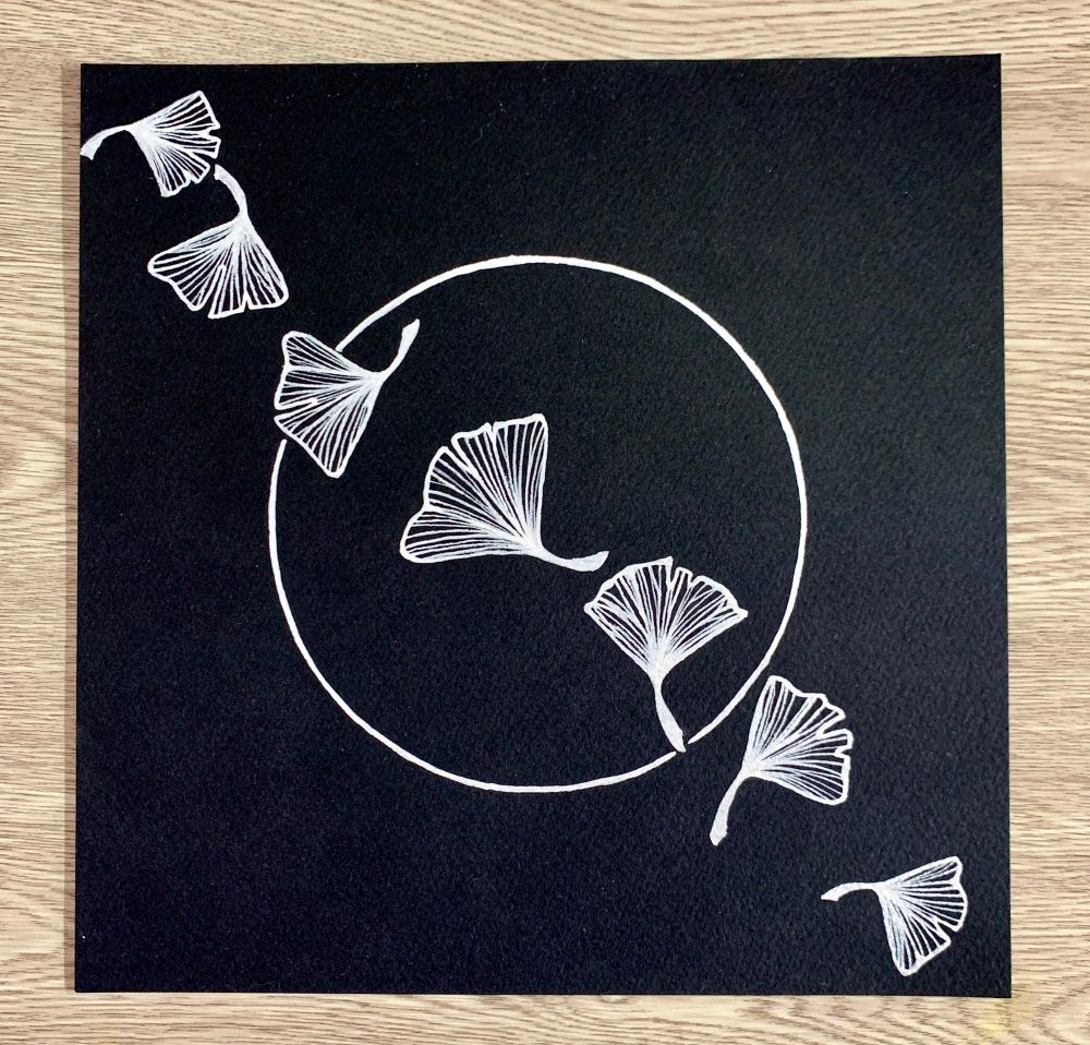 Watercolor painting of white ginkgo leaves falling in a diagonal in front of the outline of a full moon. 

Watercolor 
10x10”
