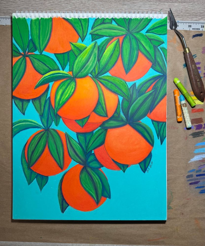 Oil pastel painting of juicy ripe oranges and lush green leaves against turquoise blue skies. To the right of the painting are three oil pastels in green, blue, and orange. To the right of that is a palette knife, and underneath are color swatches. 

Say Orange 
Oil pastel, colored pencil
12x16”