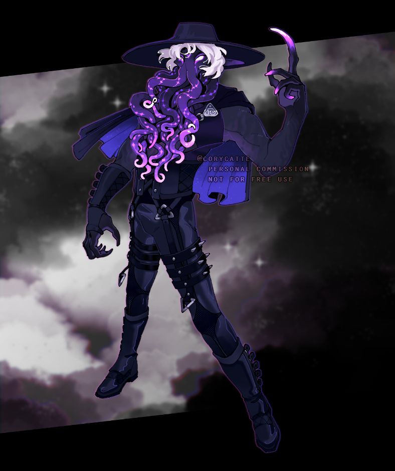 A humanoid figure standing with a wide stand and one hand raised. He has white hair and where there would be a long beard is instead dark purple tentacles that lighten to near-white at their tips. He wears a hat, a small cape, and a uniformly black outfit.