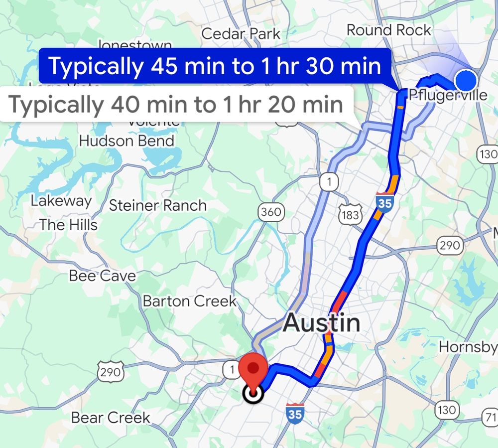A map from Pflugerville to South Austin that shows that it could be a 90 minute trip across town.