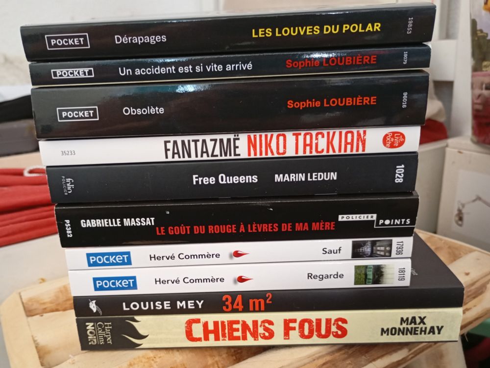 Pile de livres achetés. De haut en bas.
Dérapages, Les Louves du polar
Un accident est si vite arrivé, Sophie Loubière 
Obsolète, Sophie Loubière 
Fantazmë, Niko Tackian 
Free queens, Marin Ledun
Le goût du rouge à lèvres de ma mère, Gabrielle Massat
Sauf, Hervé Commère
Regarde, Hervé Commère
34m2, Louise Mey
Chiens fous, Max Monnehay