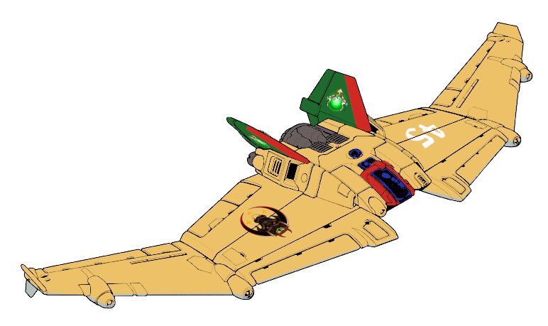 line drawing of an SL-17 Shilone AeroSpace fighter coloured in tan on the upper surface, light grey underneath with dark green vertical stabilizers with red leading edges and the First Taurian Lancers insignia.  The Cockpit is also edged in red.  The Taurian Concordat bull's head is on the rigth wing and the number 45 on the left in white letters.
