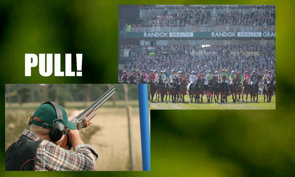 Two images, place next to each other: in one, the horses and riders lined up, about to start the Grand National at Aintree. In the other, a man with a shotgun and ear defenders stands ready, gun loaded and aimed, as if for clay pigeon shooting. The images are positioned such that the gun is aimed at the horses. There is a single word: "Pull!"