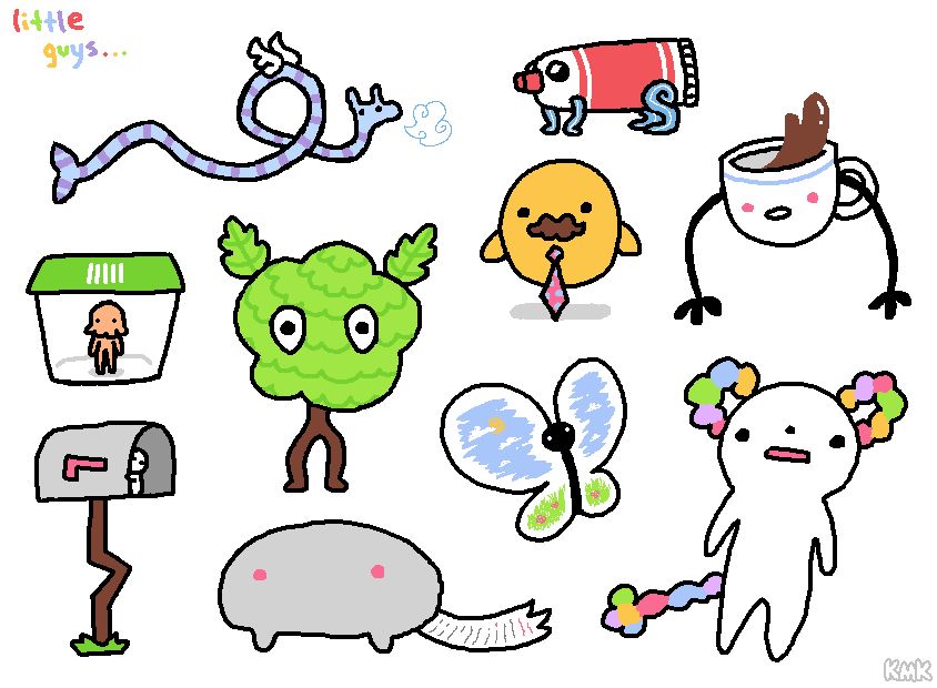 ms paint illustration depicting a variety of colorful little creatures based on things like shrubs, tubes of toothpaste, and mailboxes