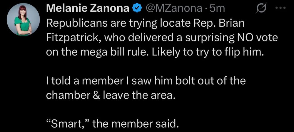 Republicans are trying locate Rep. Brian Fitzpatrick, who delivered a surprising NO vote on the mega bill rule. Likely to try to flip him.
I told a member I saw him bolt out of the chamber & leave the area.
"Smart," the member said.