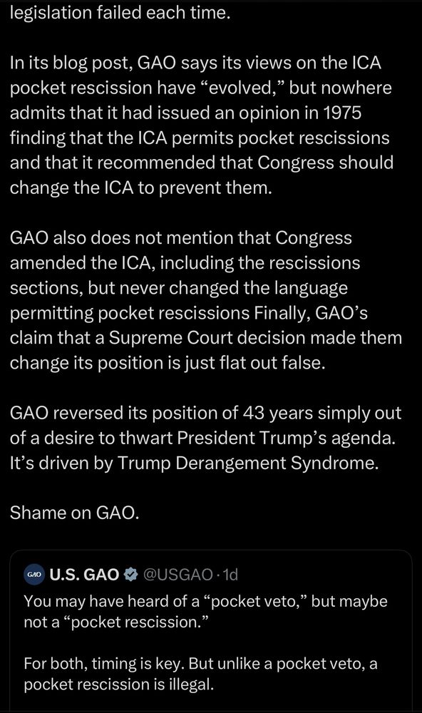 legislation failed each time. In its blog post, GAO says its views on the ICA pocket rescission have 