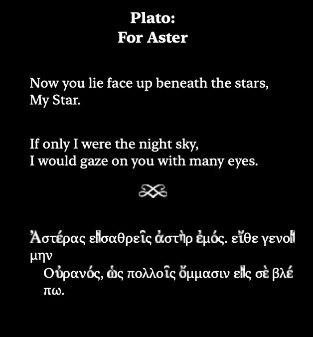 Plato:
For Aster
Now you lie face up beneath the stars, My Star.
If only I were the night sky, I would gaze on you with many eyes.