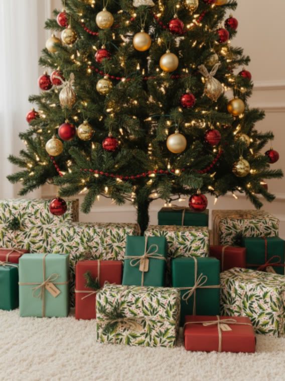 Presents wrapped in green leaves and red berries gift wrap designed by Rebecca Jane Woolbright, arranged under a decorated Christmas tree with twinkling lights and ornaments, creating a festive and nature-inspired holiday scene.