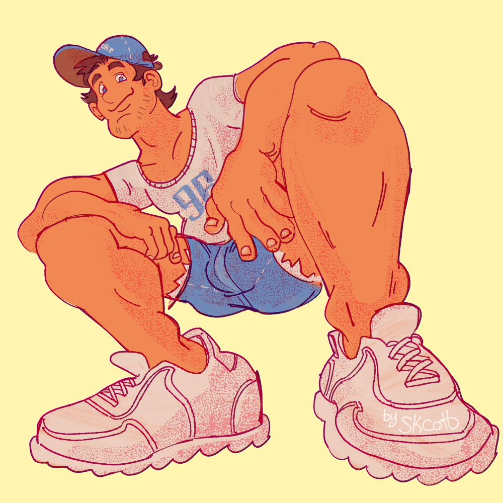 Drawing of a cartoony guy with abnormally large legs in a squat position, while glaring at the viewer. He’s wearing a casual outfit of ripped denim shorts, a white tee and running shoes with a denim baseball cap. 