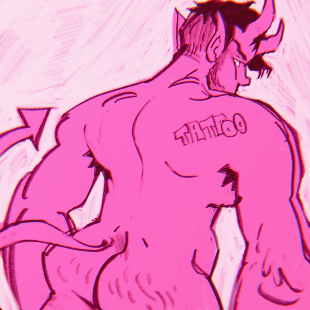 Drawing of a demonic man, with horns and a cartoony devil tail. He’s looking over his shoulder, which has a tattoo that simply says “tattoo”.