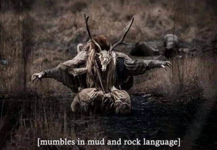 A person wearing furs and skins and a horned animal skull with their arms outstretched as they sit in a brown swamp. The person is mumbling in mud and rock language, according to the caption.