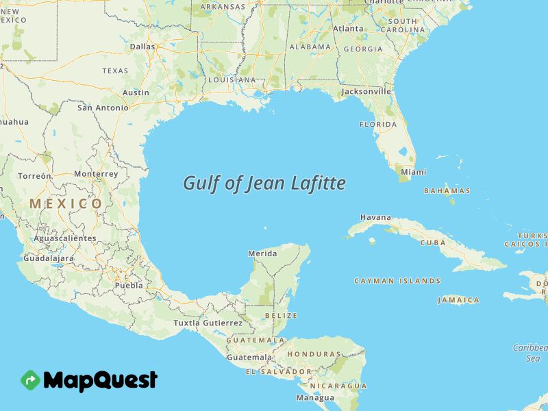 A map with the Gulf of Mexico labeled "Gulf of Jean Lafitte"