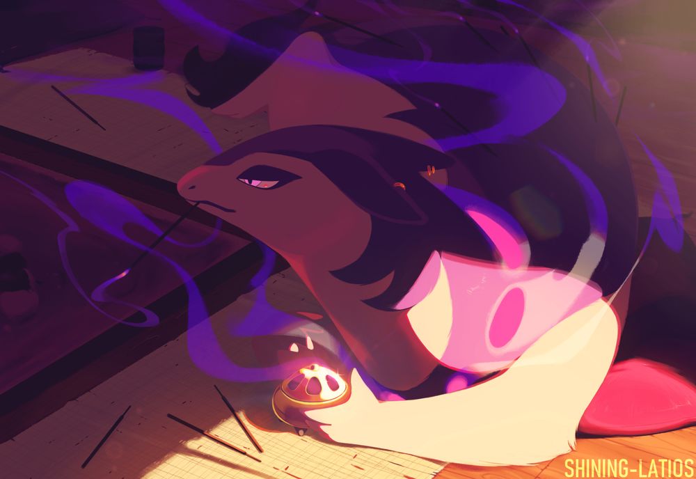 A Hisuian Typhlosion lays on his stomach in front of an extinguished Japanese hearth with a band of sunlight on him. He has red silken pillows and loose sticks of incense surrounding him. In his hands he holds a luck incense item that gleams in the light. He has lit sticks of incense stuck in his back similar to acupuncture, and one single lit stick held in his mouth. His flame spots are smouldering with vivid purple smoke that makes the background hazy.