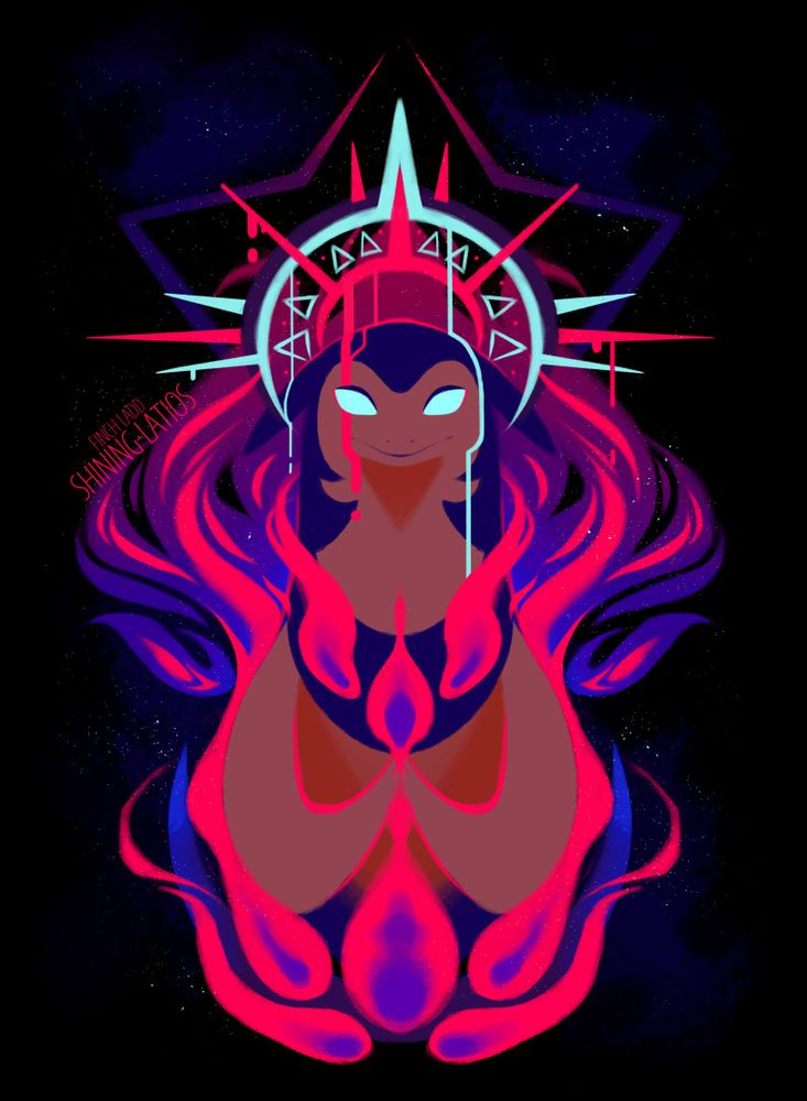 A symmetrical design of a Hisuian Typhlosion with its hands together, as if in prayer. It's surrounded by pink and purple flames leading outwards and upward towards a bright patterned halo. The colors of the halo are dripping down onto its head.