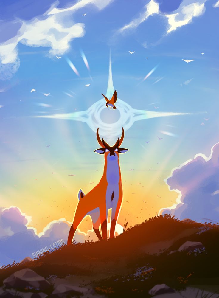 Nero, an orange marsh deer with black and white markings, stands on a grassy hill before a sunset sky, with Karuna's three-pointed crown shining over his head. A shrike is centered towards the middle of the crown's shape, and in the background, birds are flocking in great numbers towards the horizon.