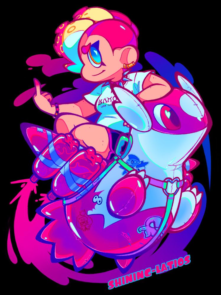 An octoling with bright pink and yellow tentacles wearing a Rockenberg white tee, a spiked collar, sport shorts, and many accessories rides a reefslider floatie made to look like a bright pink Latios. The slider is covered in stickers and jetting pink ink into the background. The octoling is looking at the viewer and giving the middle finger.