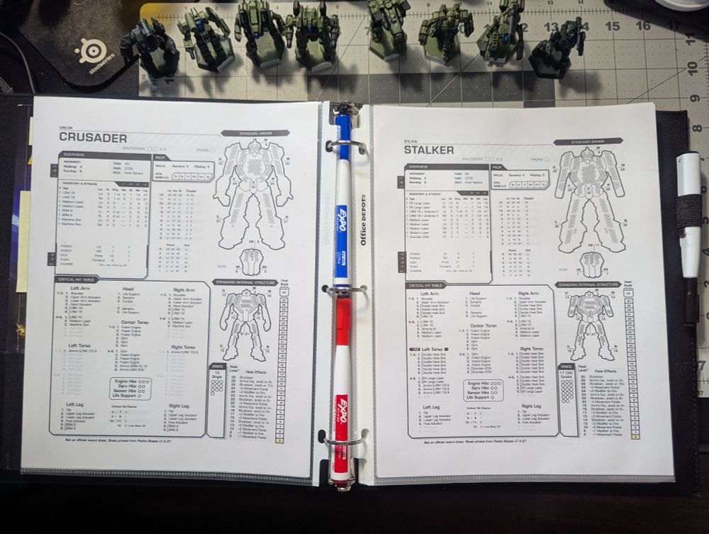 The binder open to show BattleTech mech sheets in plastic covers, and 3 different color dry-erase markers.