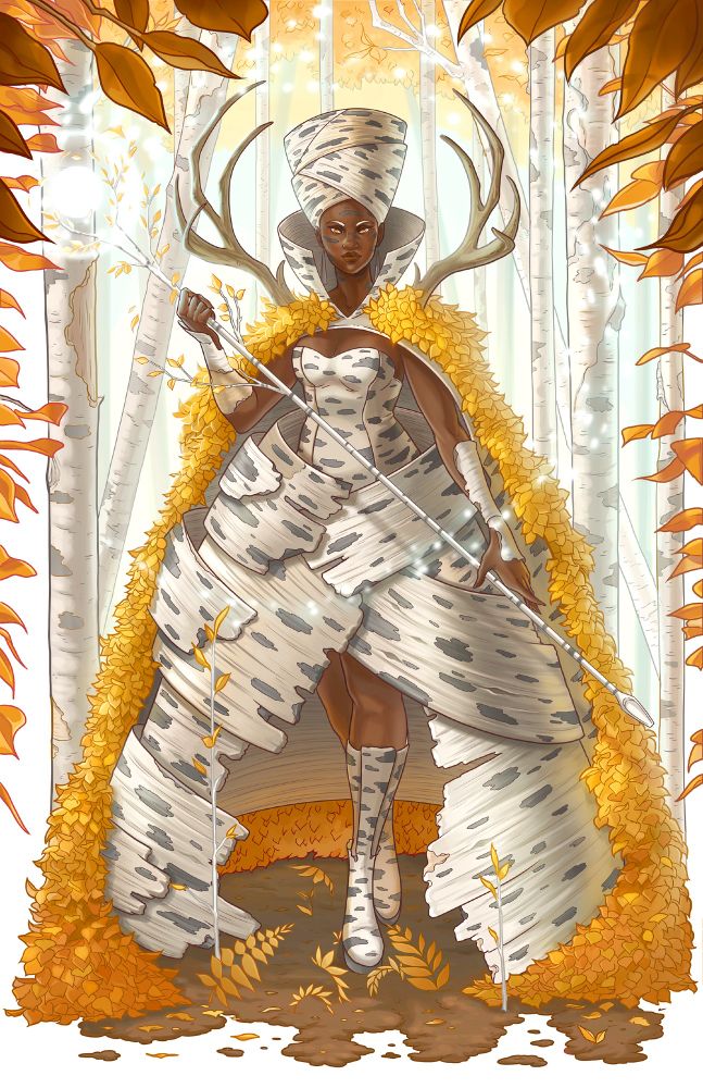 An elegant Black woman, draped in a cape of yellow birch leaves, dressed in a gown made of paper birch bark. She stands in a forest of birch trees holding a staff with a glowing white orb at the top, snow swirling from it. 