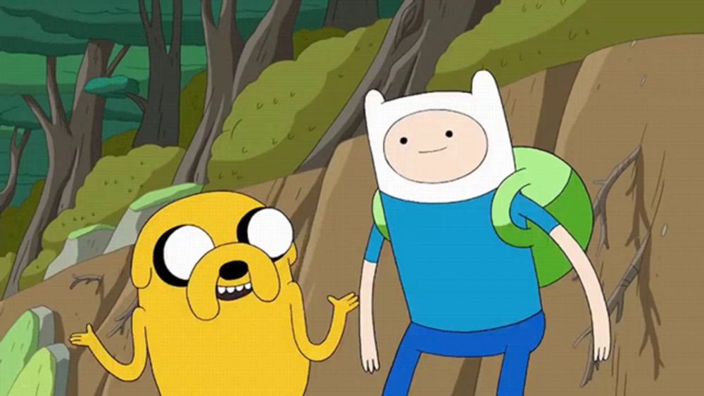 a cartoon character named jake and finn are standing next to each other in a forest