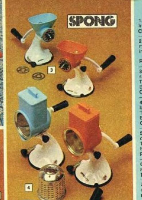 I think they're garlic grinders or something, but they affix to the table and you turn a handle to either rotate a drum in the front or grind whatever's in a sort of basin they've got - which means they all have wide bases, thin forward-leaning necks and robot heads with different kinds of mouth. The name for all of these is given as "SPONG"