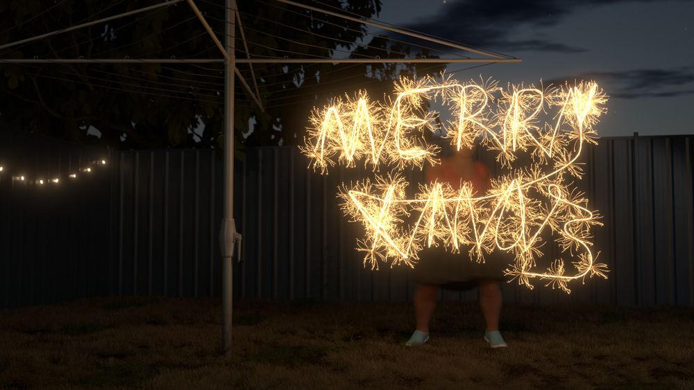 A Blender 3d render of a simulated long exposure of a woman writing "Merry Xmas" in the air with a sparkler. Alongside her is an Hills Hoist in a twilight Australian backyard.