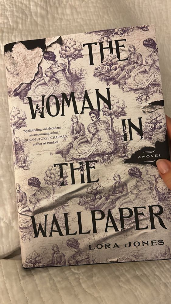 Book cover with toile print and the title: The Woman in the Wallpaper by Lora Jones.
