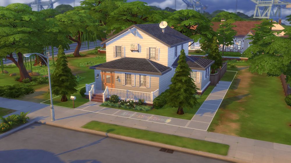a house in the sims 4 with white siding, white windows, and a grey roof. there is an air conditioning unit on the wall and a satellite dish on the roof.