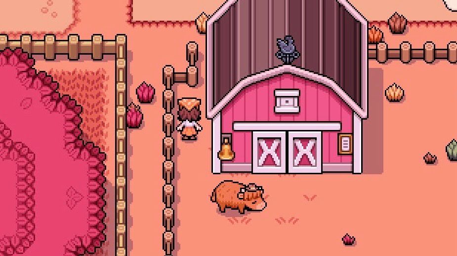 a cow next to a barn in fields of mistria 