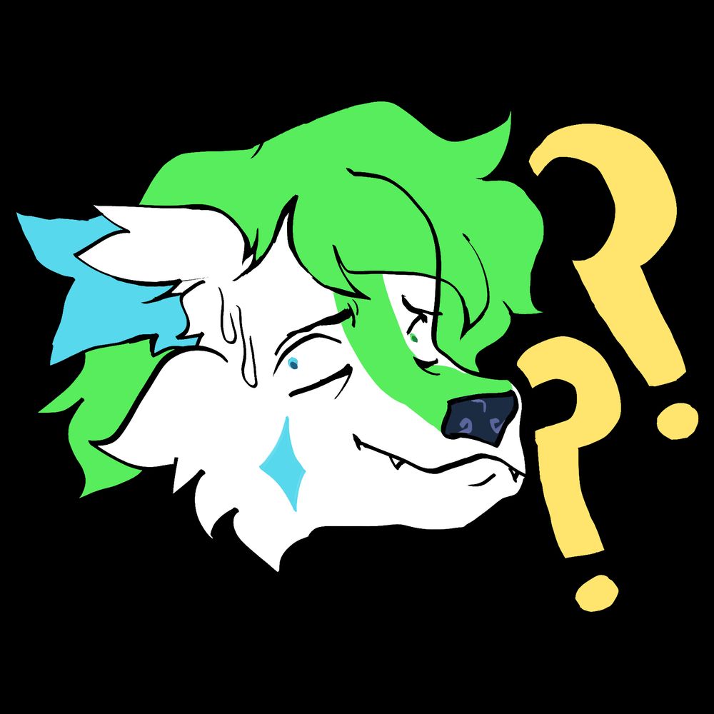 a white anthropomorphic skunk/dog with a confused expression. he has a green line that starts above his nose and goes to his green hair. he has cyan inner ears and symmetrical diamonds on his face. 
