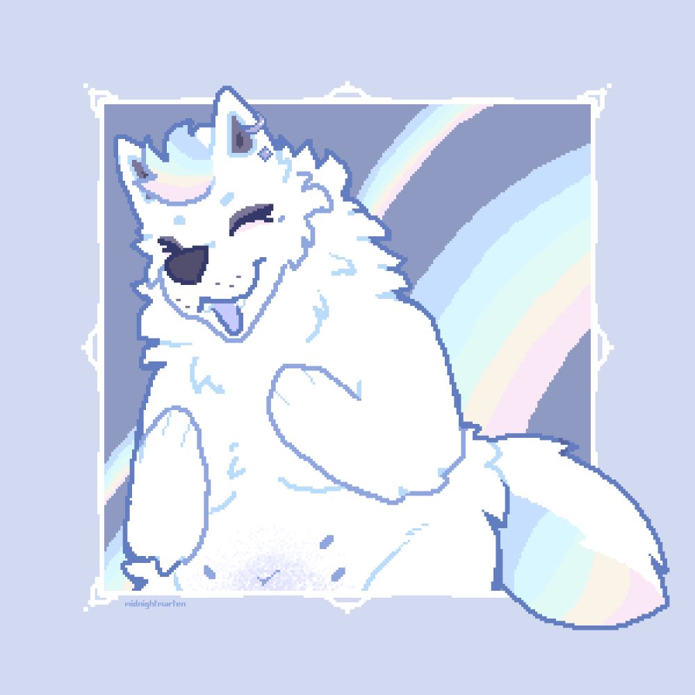 Pixel art of an anthro arctic wolf. She is white with soft pastel rainbow accents in her hair and tail