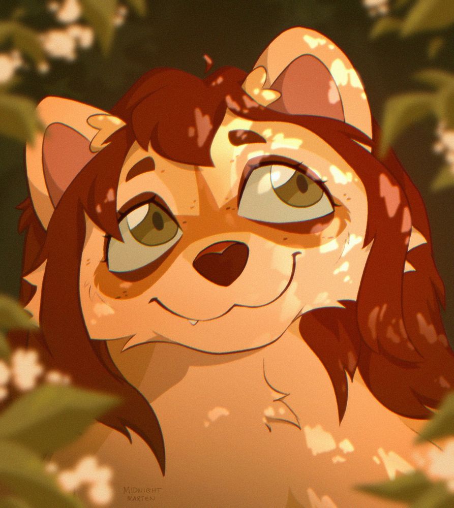 Digital art portrait of an anthro raccoon sona. She is tan and brown with reddish brown hair. She is smiling with the sun dappled against her face, and with blurry leaves and flowers in the foreground