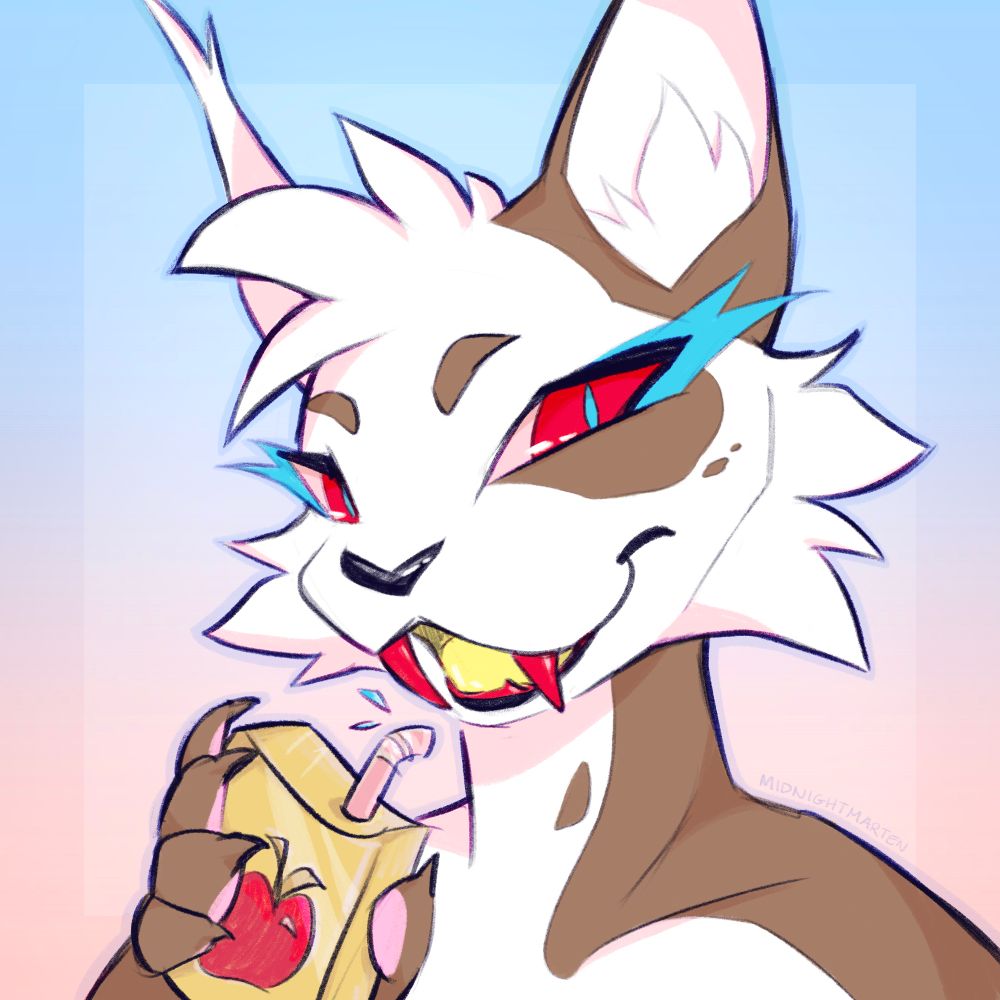 Digital art bust of an anthro cat. She is white with brown spots, red eyes and red teeth. In the image she is smiling and holding an apple juice box
