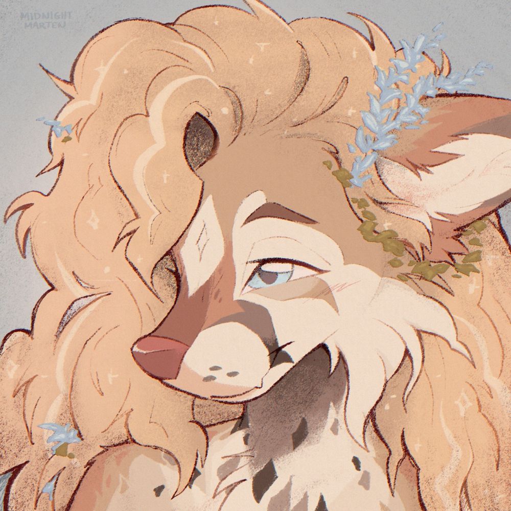 Digital art icon of an anthro canine girl. She is tan, cream and brown with long, wavy, yellow tan hair, blue eyes, and blue and green flowers in her hair. She is calmly smiling against a muted blue background