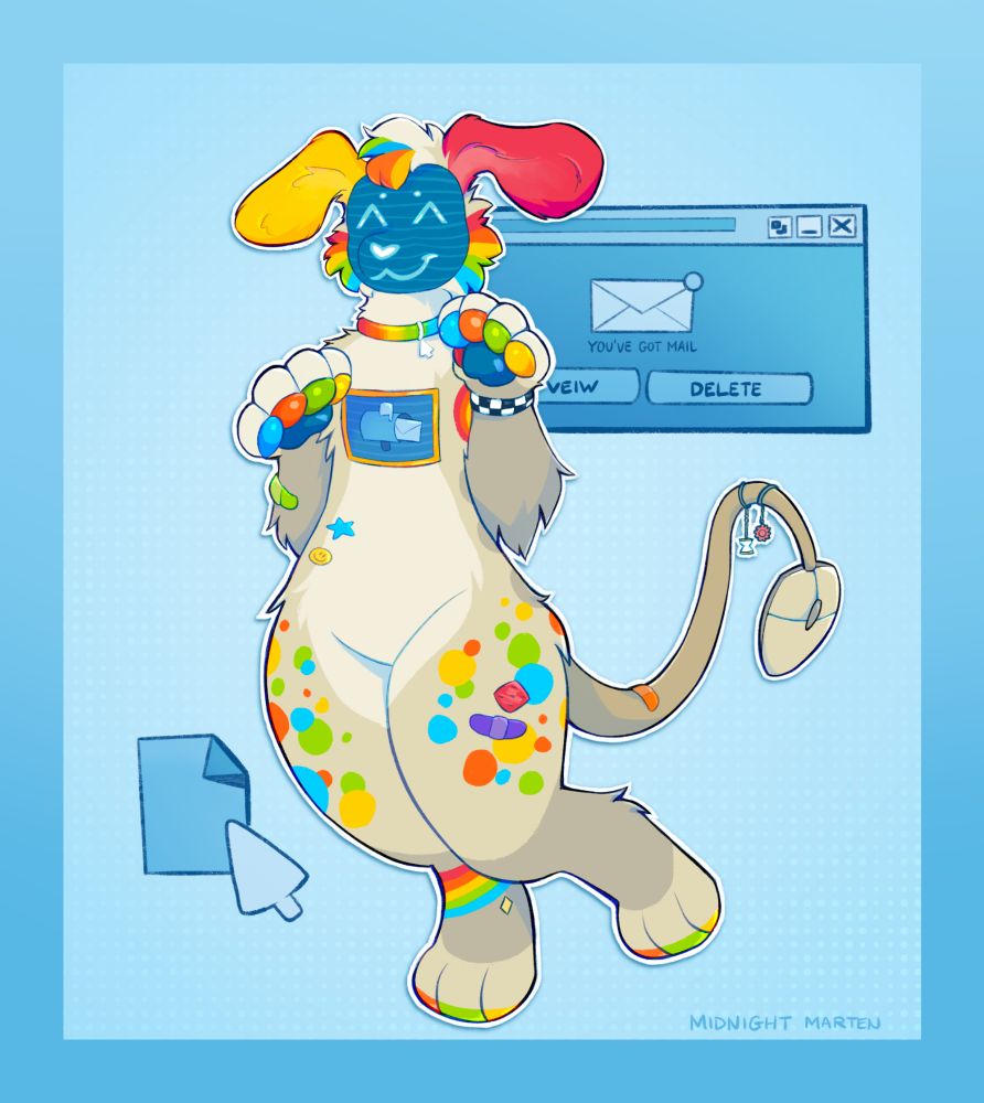 Digital art of an anthro dog with a screen face and belly, and a computer mouse for a tail. She has floppy ears and many rainbow accents on a tan base. The background has popup 'you've got mail' decorations.