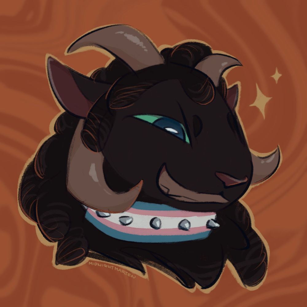 Digital art bust of an anthro ram. He is a dark cool gray, with black locs, 4 horns, and a trans flag colored collar around his neck. His expression is a cheeky smile, against an orange background