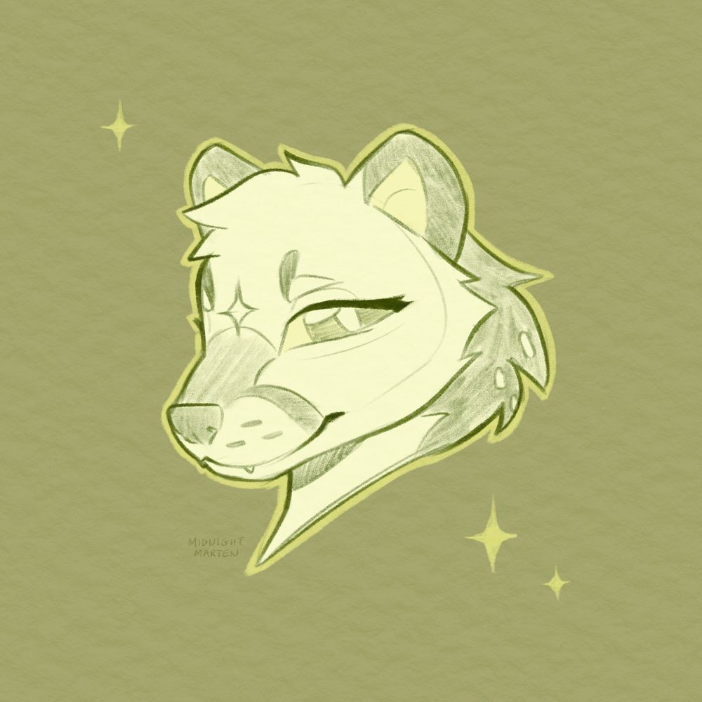 Sketch headshot of an anthro pine marten in monochrome green
